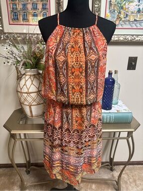London Times Orange Multi-Print Paisley Halter Midi Dress Boho-Chic Size 8